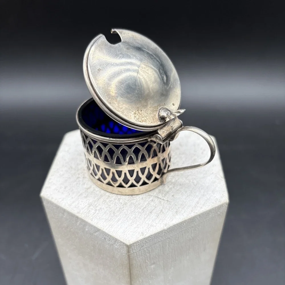 Sterling Silver 925 Mustard Pot Cobalt Blue Glass Liner Openwork Vintage